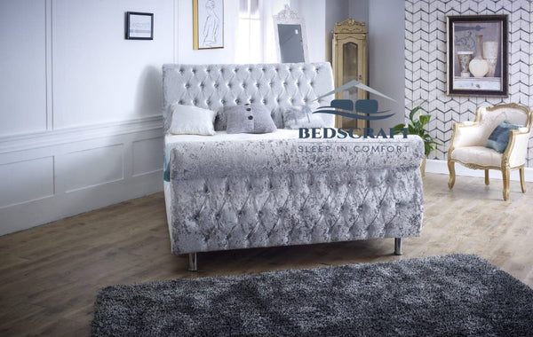 Swan Sleigh Bed - Grey Crushed Velvet Beds